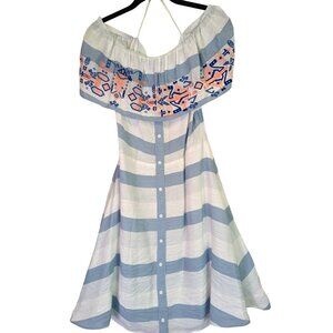 Sugar Lips Dress Women size M Blue Stripe Off Shoulder Aztec Caribbean Travel
